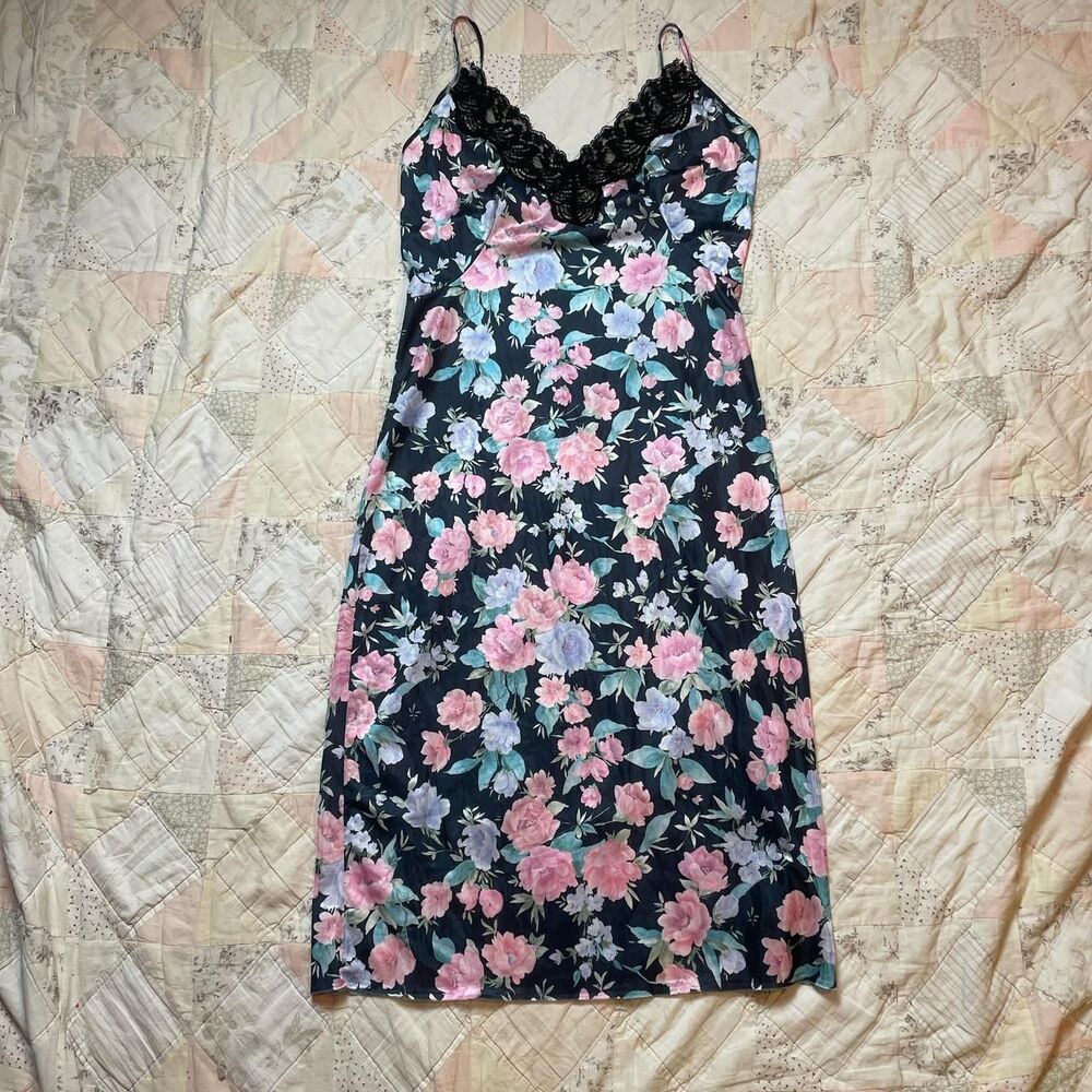 cachet sears vintage floral midi slip dress with black lace trim size medium